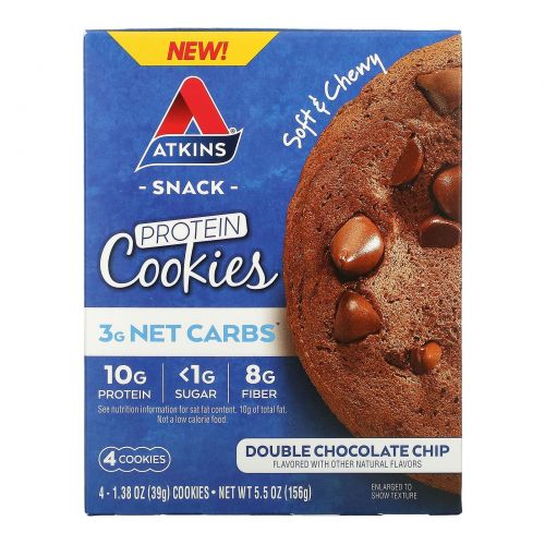 Atkins, Protein Cookies, Double Chocolate Chip, 4 Cookies, 1.38 oz (39 g) Each