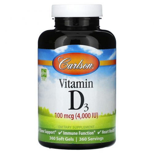 Carlson, Витамин D3, 100 мкг (4000 МЕ), 360 мягких таблеток
