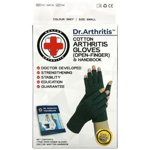 Doctor Arthritis, Хлопковые перчатки и справочник для больных артритом с открытыми пальцами, маленькие, серые, 1 пара