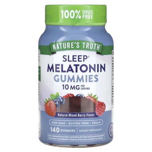 Nature's Truth, жевательный мелатонин для сна, со вкусом натурального ягодного ассорти, 10 мг, 140 жевательных таблеток (5 мг в 1 жевательной таблетке)