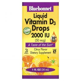 Bluebonnet Nutrition, Жидкий витамин D3 в каплях, натуральный аромат цитрусовых, 2 000 МЕ, 1 жидк. унц. (30 мл)