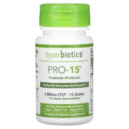 Hyperbiotics, Pro-15, пребиотик и пробиотик, 5 млрд КОЕ, 30 гранул замедленного высвобождения