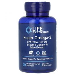 Life Extension, Super Omega-3, рыбий жир с ЭПК и ДГК, лигнанами кунжута и экстрактом оливы, 60 капсул, покрытых кишечнорастворимой оболочкой