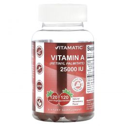 Vitamatic, витамин A (ретинилпальмитат), натуральная клубника, 25 000 МЕ, 120 жевательных таблеток