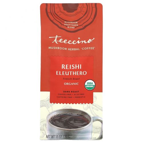 Teeccino, Mushroom Herbal Coffee, Reishi Eleuthero, Dark Roast, Caffeine Free, 10 oz (284 g)