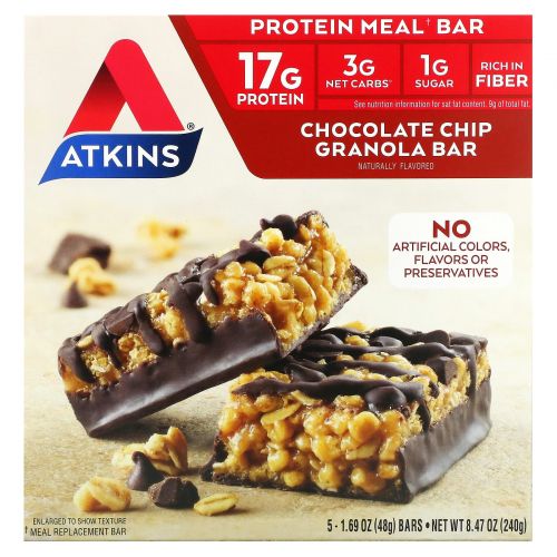 Atkins, Полноценная еда, зерновой батончик с кусочками шоколада, 5 батончиков, по 48 г каждый