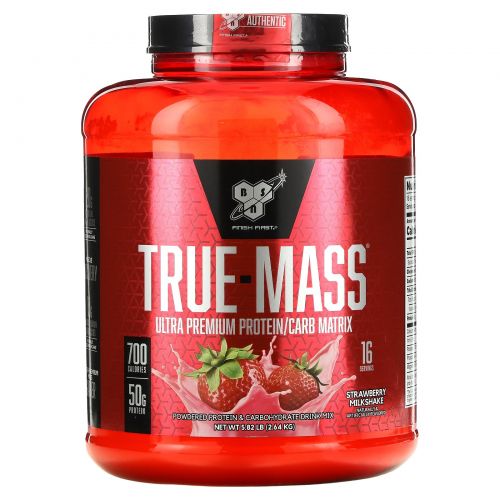 BSN, True-Mass, ультрапремиальная матрица из премиум-белка и углеводов, клубничный молочный коктейль, 5,82 фунта (2,64 кг)