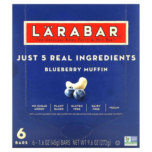 Larabar, The Original Real Fruit & Nut Bar, черничный кекс, 6 батончиков по 45 г (1,6 унции)