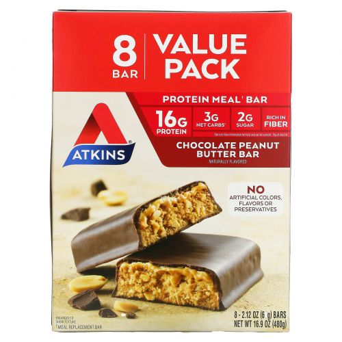 Atkins, Chocolate Peanut Butter Bar, 8 Bars, 2.12 oz (60 g)