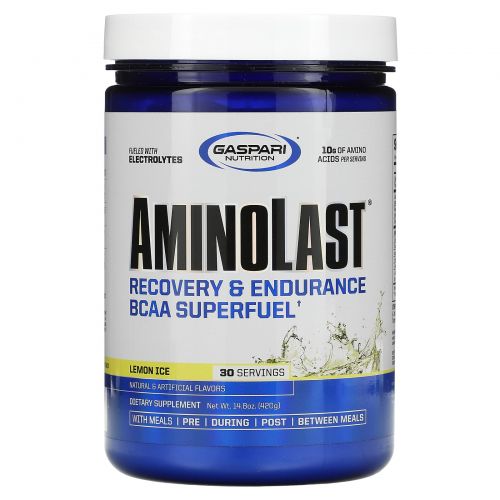 Gaspari Nutrition, Aminolast, Супертопливо BCAA, восстановление и выносливость, лимонный лед, 14,8 унц. (420 г)