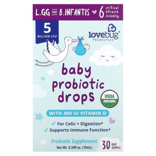 LoveBug Probiotics, пробиотик для детей, в жидкой форме, 5 млрд КОЕ, 10 мл (0,34 жидк. унции)