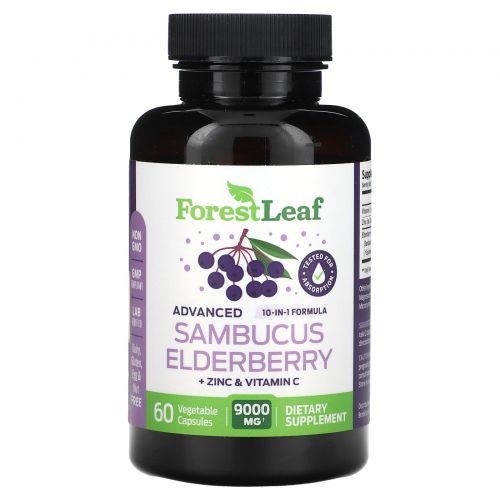 Forest Leaf, улучшенная бузина с цинком и витамином C, 9000 мг, 60 вегетарианских капсул (4500 мг в 1 капсуле)
