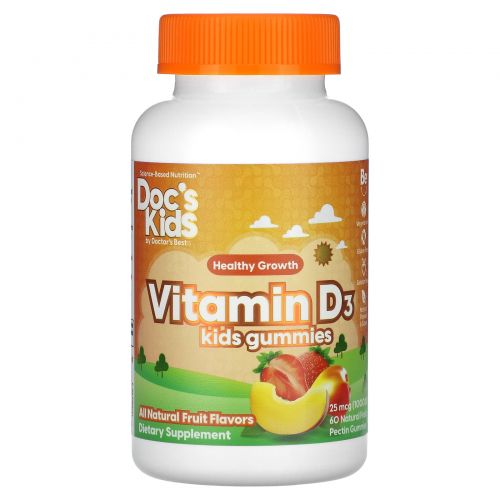 Doctor's Best, Doc's Kids, Vitamin D3 Gummies, All Natural Fruit Flavors, 25 mcg (1,000 IU), 60 Natural Fruit Pectin Gummies