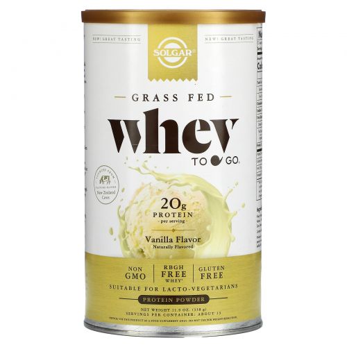 Solgar, Whey To Go, сывороточный порошковый белок, натуральный ванильный вкус, 12 унций (340 г)