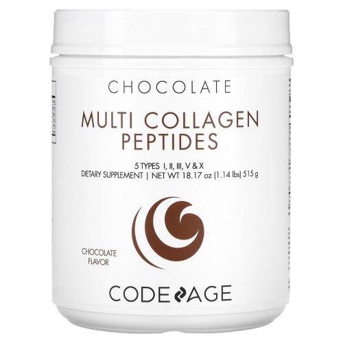 Codeage, Мультиколлагеновые пептиды, 5 типов коллагена I, II, III, V и X, шоколад, 515 г (18,17 унции)
