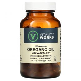 Vitality Works, Масло орегано, Карвакрол 70, 120 капсул