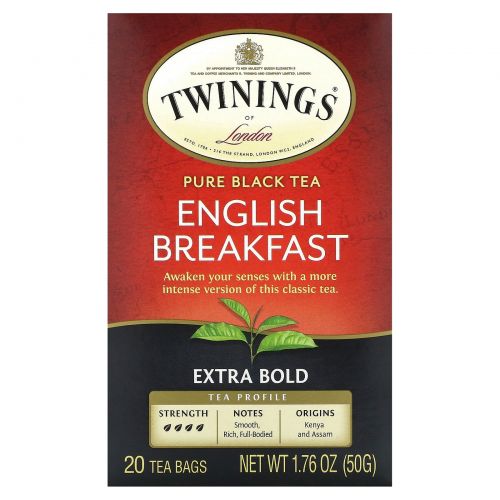 Twinings, Pure Black Tea, English Breakfast, Extra Bold, 20 чайных пакетиков, 50 г (1,76 унции)