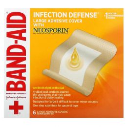 Band Aid, лейкопластыри, защита от инфекций, с Neosporin, большие, 6 лейкопластырей
