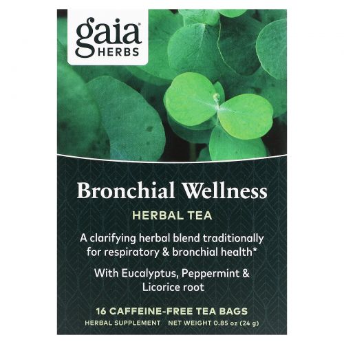 Gaia Herbs, Bronchial Wellness, травяной чай, без кофеина, 16 чайных пакетиков, по 0,85 (24 г)