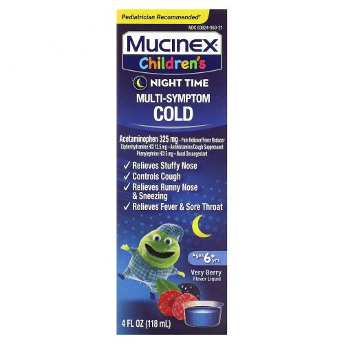 Mucinex, Children's, средство от простуды, перед сном, для детей от 6 лет, с ягодным вкусом, 118 мл (4 жидк. унции)