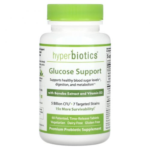 Hyperbiotics, Glucose Support, with Banaba Extract and Vitamin D3, 5 Billion CFU, 60 Time-Release Tablets