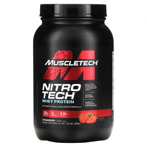Muscletech, Nitro-Tech, производительная серия, сывороточный изолят для наращивания сухой мышечной массы, клубничный, 2 фунта (907 г)