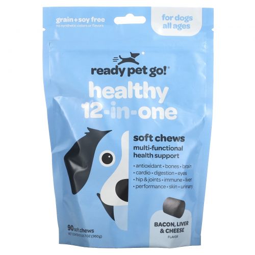 Ready Pet Go, Multivitamin Chews, All-In-1 Immune Support For Dogs, All Ages, Chicken, Cheese & Bacon, 90 Soft Chews