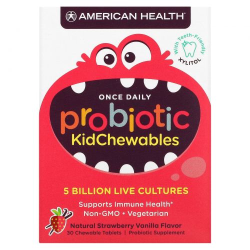 American Health, Probiotic KidChewables, Natural Strawberry Vanilla Flavor, 5 Billion Live Cultures , 30 Chewable Tablets