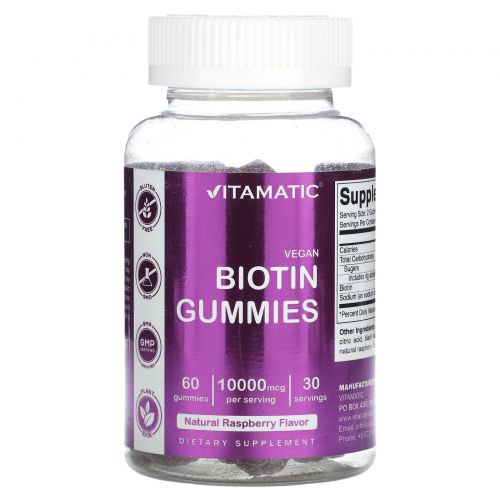 Vitamatic, Веганские жевательные мармеладки с биотином, натуральная малина, 5000 мкг, 60 жевательных таблеток