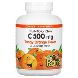 Natural Factors, Витамин C 500 мг, терпкий апельсиновый вкус, 90 жевательных пластинок