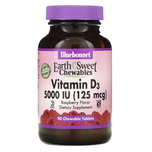 Bluebonnet Nutrition, Витамин D3, 5,000 МЕ, 90 жевательных таблеток