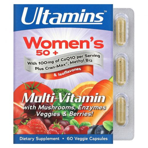 Ultamins, Мультивитаминный комплекс для женщин после 50 с CoQ10, грибами, ферментами, овощами и ягодами, 60 растительных капсул