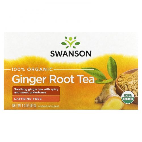 Swanson, 100% органический чай из корня имбиря, без кофеина, 20 чайных пакетиков, 40 г (1,4 унции)
