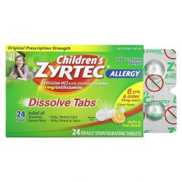 Zyrtec, Children's Allergy, Dissolve Tabs, для детей от 6 лет, цитрусовые, 10 мг, 24 таблетки для перорального применения