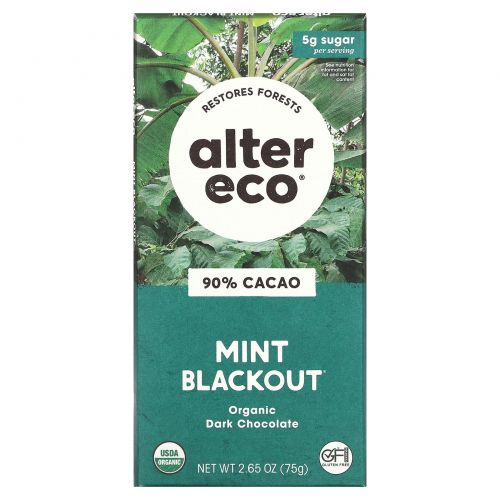 Alter Eco, органический темный шоколад, мятный вкус, 90% какао, 75 г (2,65 унции)