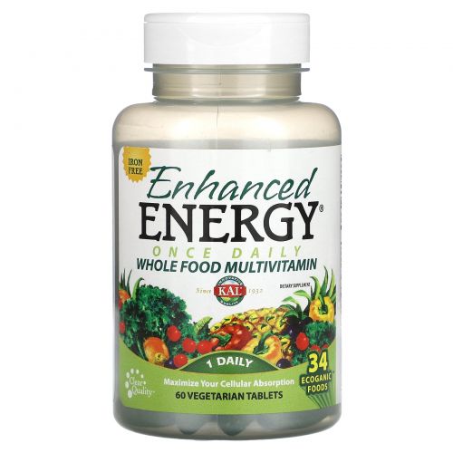 KAL, Enhanced Energy, мультивитамины из цельных продуктов для приема один раз в день, без железа, 60 вегетарианских таблеток