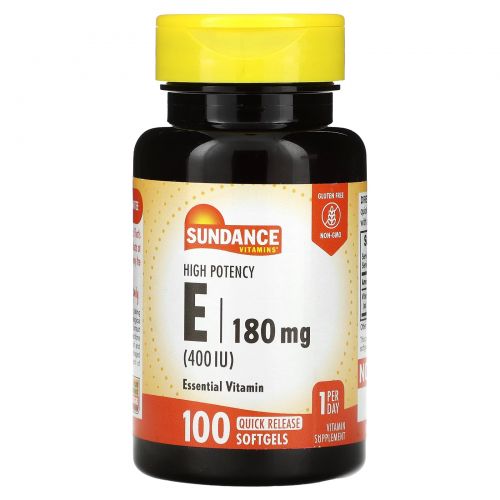 Sundance Vitamins, Витамин E, высокая эффективность, 180 мг (400 МЕ), 100 капсул быстрого высвобождения